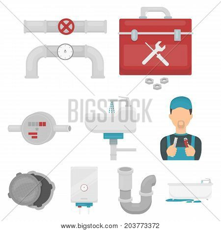 Plumbing set icons in cartoon style. Big collection of plumbing vector symbol stock