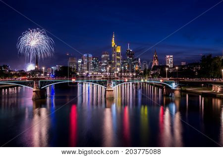 Frankfurt am Main, Hessen, Germany - August 07, 2017: Fireworks in Frankfurt am Main city during Mainfest in Frankfurt, Germany