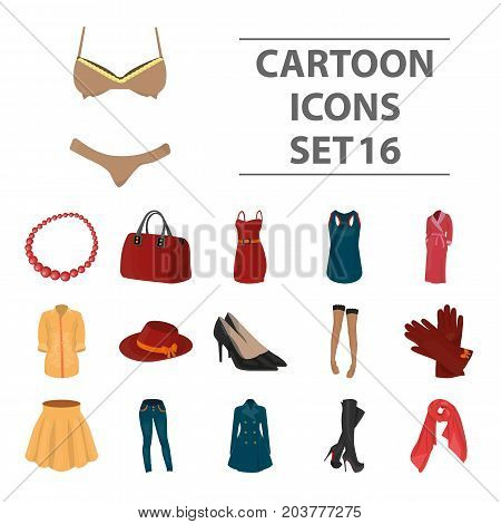 Dress, bra, shoes, women's clothing. Women's clothing set collection icons in cartoon style vector symbol stock illustration .