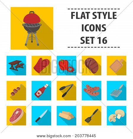 Meat, steak, firewood, grill, table and other accessories for barbecue.BBQ set collection icons in flat style vector symbol stock illustration .