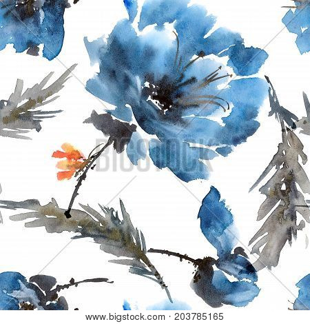 Watercolor and ink illustration of peony flowers with batterfly. Sumi-e u-sin painting. Seamless pattern.