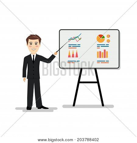 On the image presented Man holds an economic seminar a vector illustration.
