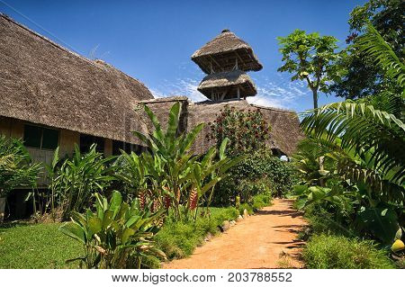 June 6 2017 Misahualli Ecuador: eco buildings made of bamboo in the Amazon area