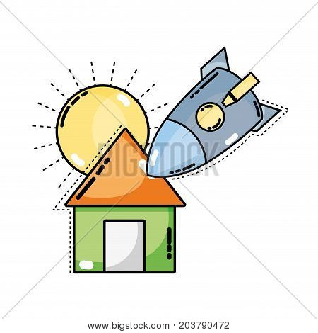 sun and rocket crashed with the roof house vector illustration