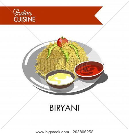 Delicious biryani with cream and hot sauces on plate isolated vector illustration on white background. Dish of rice and spices with addition of juicy meat, healthy fish, fresh eggs or ripe vegetables.