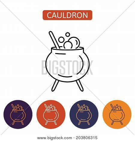 Witch cauldron icon with potion and bubbles isolated on white background. Pot with magic brew. Design element for Halloween. Vector illustration in flat style for your design.