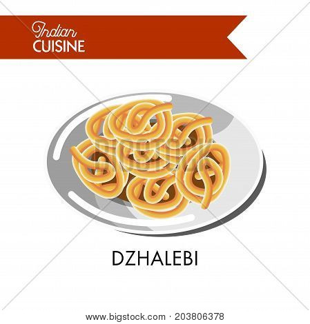 Light sweet dzhalebi on shiny plate isolated cartoon flat vector illustration on white background. Sweet crispy spirals of traditional Indian cuisine. Tasty fastfood snack made of crunchy dough.