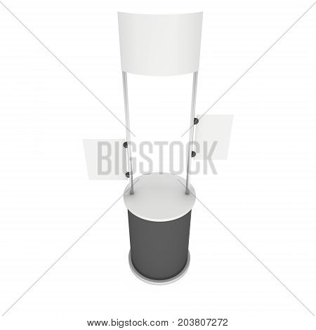 Stall or Kiosk Modern Promostand Reception Desk. Trade show booth white and blank. 3d render illustration isolated on white background. Template mockup for your expo design.