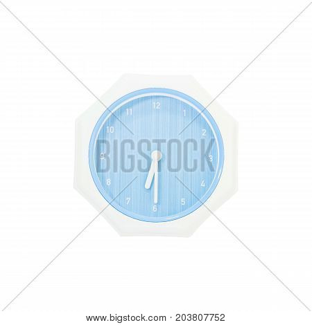 Closeup blue wall clock for decorate show a half past six or 6:30 a.m. isolated on white background with clipping path