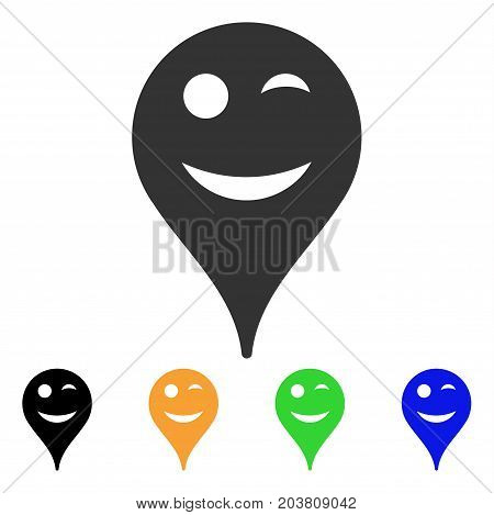 Wink Smiley Map Marker icon. Vector illustration style is a flat iconic wink smiley map marker symbol with black, gray, green, blue, yellow color versions. Designed for web and software interfaces.