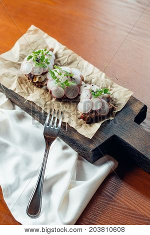 Sandwiches With Boar Ham, Radish, Sprouts, And Rye Bread