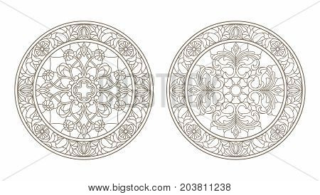 Set contour illustrations of stained glass round stained glass floral dark outline on a white background