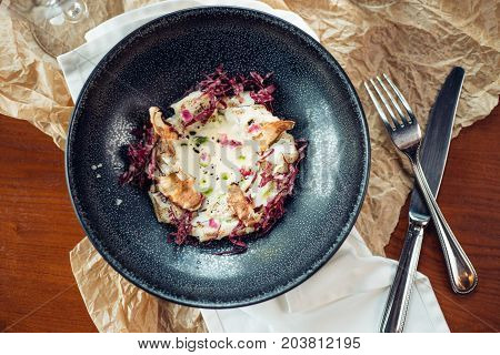 Bowl Of Oats Porridge. Healthy Breakfast On Wooden Table