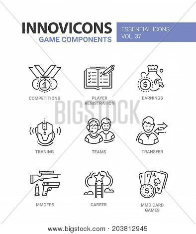 Game Components - modern vector line design icons set. Competition, player registration, earning, training, team, transfer, online first person shooter, career, massively multiplayer card game.