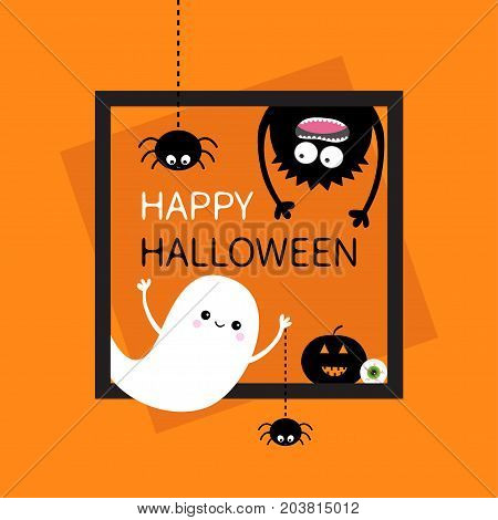 Happy Halloween card. Square frame. Flying ghost monster head silhouette. Hanging upside down. Black spider dash line. Pumpkin eyeball. Cute cartoon baby character. Flat Orange background. Vector