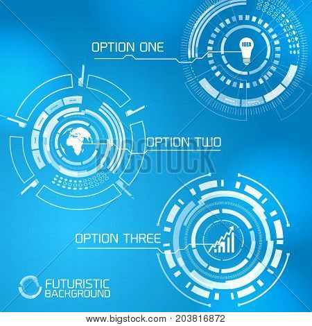 Modern virtual technology user interface menu design futuristic numbered round selector button options on blue background vector illustration