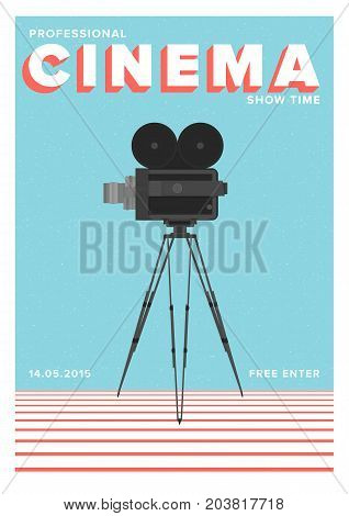 Poster or flyer template for professional cinema show time or movie premiere with film camera standing on tripod. Colorful vector illustration for event announcement.