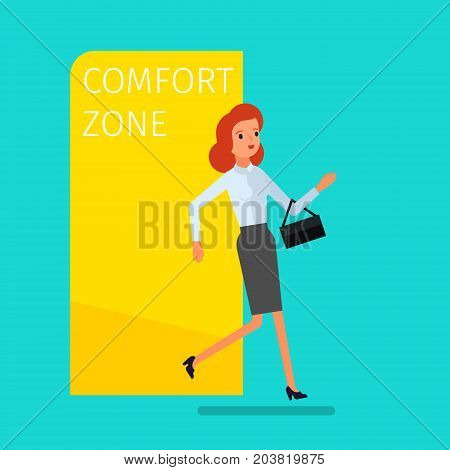 Concept of comfort zone. Business woman leaving the comfort zone to success. Flat design, vector illustration.