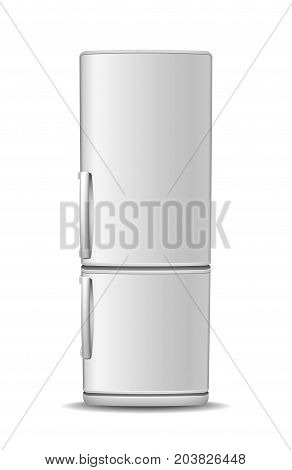 Fridge freezer isolated on white background. Front View of white steel refrigerator. Modern, realistic vector illustration of home appliances
