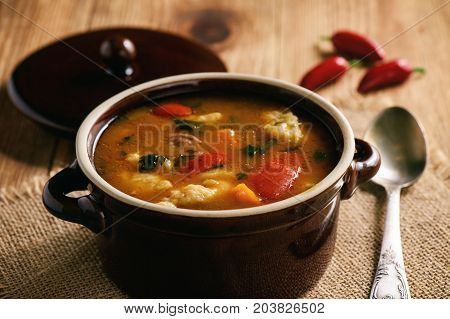 Hungarian soup goulash (bograch) with dumplings .