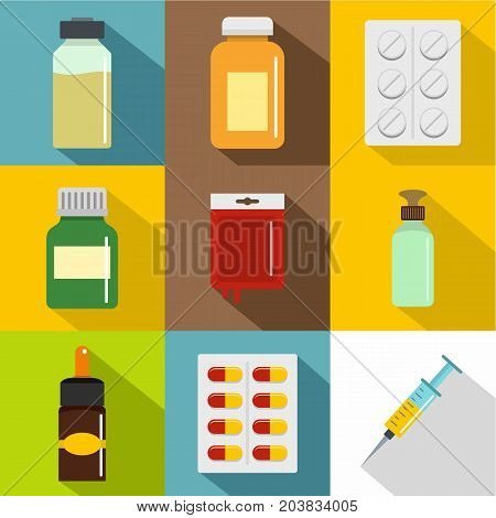 Pharmacy icon set. Flat style set of 9 pharmacy vector icons for web design