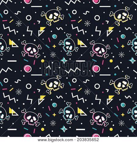 Dark seamless pattern with skulls and abstract geometric shapes in memphis style. Halloween background in black pink blue yellow and white colors. Trendy vector design.