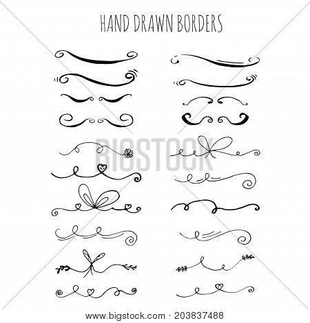 Collection of hand drawn ink borders for card invitation. Cute and unique swirls dividers for your stylish wedding or birthsday design. Isolated vector elements.