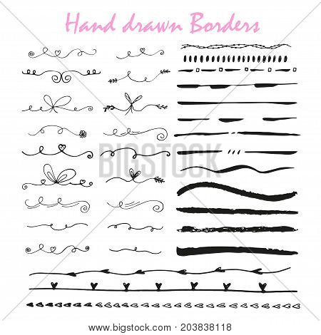 Collection of hand drawn ink borders for card invitation. Cute and unique swirls dividers for your stylish wedding or birthsday design. Isolated vector elements.