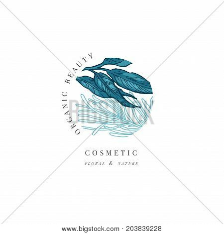 Simple logo. Engraved logotype. Botanical beauty salon and organic cosmetic symbol. Vector illustration