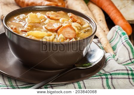 Traditional Polish Split Pea Soup With Sausage, Bacon And Potatoes
