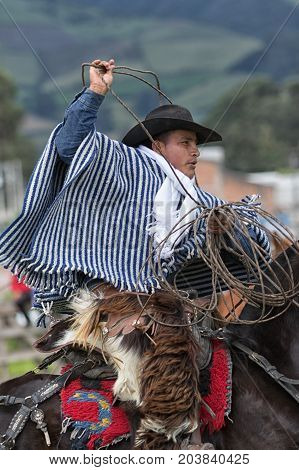 June 3 2017 Machachi Ecuador: cowboy in field dressed traditionally handling lasso on horseback