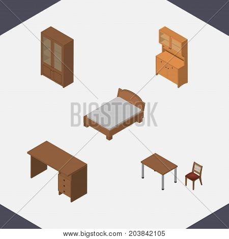 Isometric Furniture Set Of Cupboard, Chair, Bedstead And Other Vector Objects