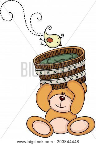Scalable vectorial image representing a teddy bear holding wooden tub for a bath and bird, isolated on white.