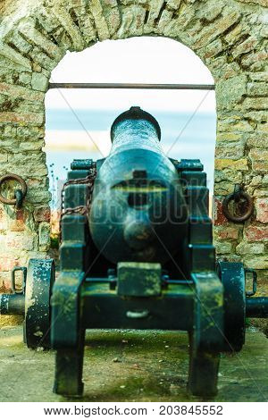 Fort Christiansoe naval fortress near island Bornholm in the Baltic Sea Denmark Scandinavia Europe. Detail view of cannon