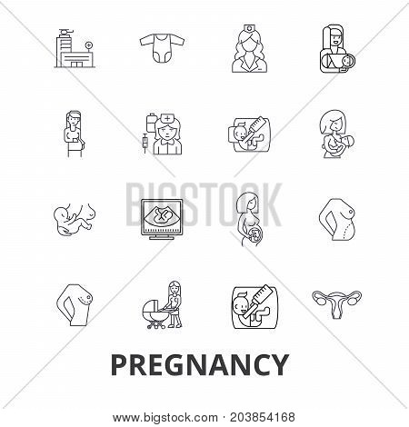 Obstetrics, gynecology, obstetrician, obgyn, maternity, pregnancy, birth line icons. Editable strokes. Flat design vector illustration symbol concept. Linear signs isolated on background