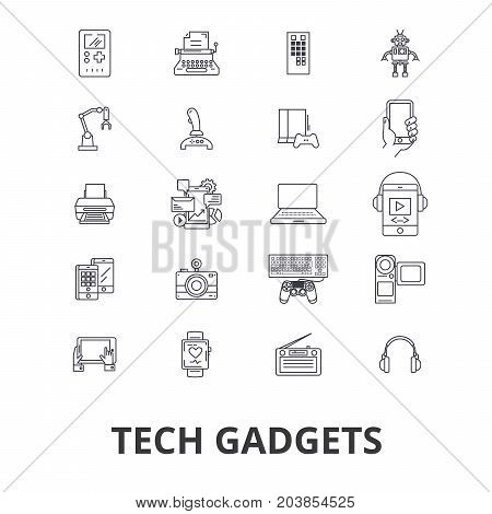 Tech gadgets, technology, electronics, laptop, tablet, camera, headphones line icons. Editable strokes. Flat design vector illustration symbol concept. Linear signs isolated on background