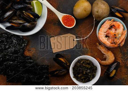 Food rich of iodine. Natural sources of iodine. Space for text