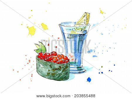 Vodka with lemon and gunkan of a red caviar and cucumber.Japanese cuisine.Picture of a alcoholic drink.Watercolor hand drawn illustration.Isolated sketch.