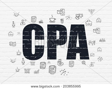 Finance concept: Painted black text CPA on White Brick wall background with  Hand Drawn Business Icons
