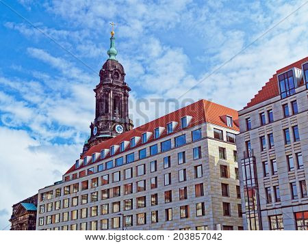 Dresden, Germany. View of the dark towers of the Kreuzkirche church from Altmarkt square