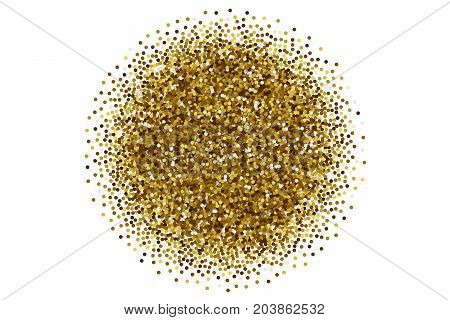 Vector Scattered Golden Confetti in Abstract Circle Shape Isolated on White Background 3D Illustration. Slapstick Paper Round Gold Bright Particles. Graphic Design Template