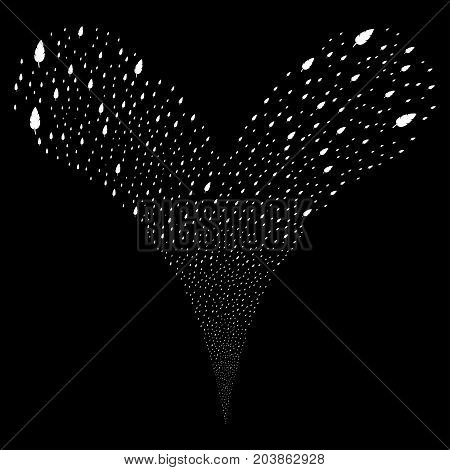 Feather fireworks stream. Vector illustration style is flat white iconic feather symbols on a black background. Object fountain created from random icons.