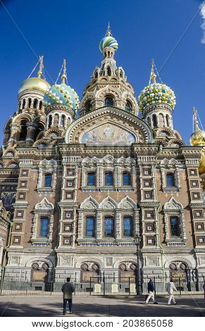 SAINT PETERSBURG RUSSIA 11 SEPTEMBER 2012 - Toursits at Church of the Savior on Spilled Blood in St. Petersburg Russia