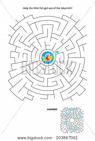 Maze game for kids: Help the little fish get out of the labyrinth. Answer included.