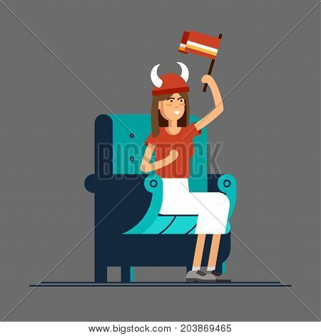 Vector flat illustration people character sport fans watching tv on cozy chair. Young woma with fan accessories