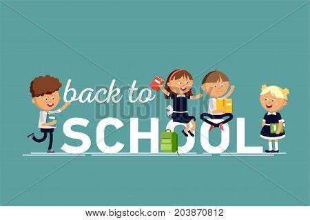 Group of elementary school students. Boys and girls dressed in school uniforms are holding textbooks. Happy pupils are jumping against a white background. Vector illustration in cartoon style