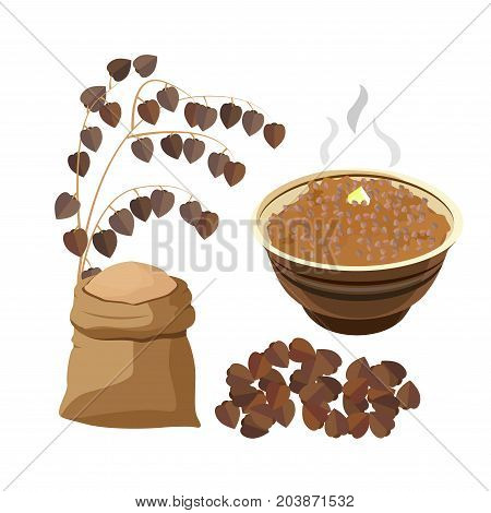 illustration of boiled buckwheat porridge with butter in bowl
