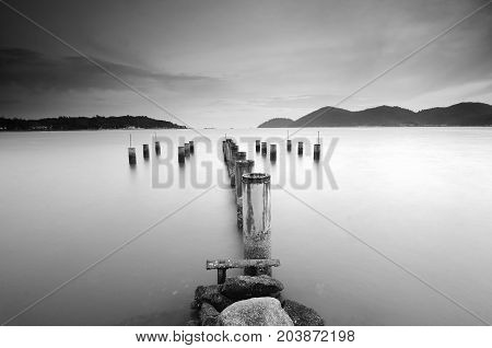 Beautiful Sunset View With Wooden Jetty At Marina Island, Lumut Perak Malaysia. Nature Composition