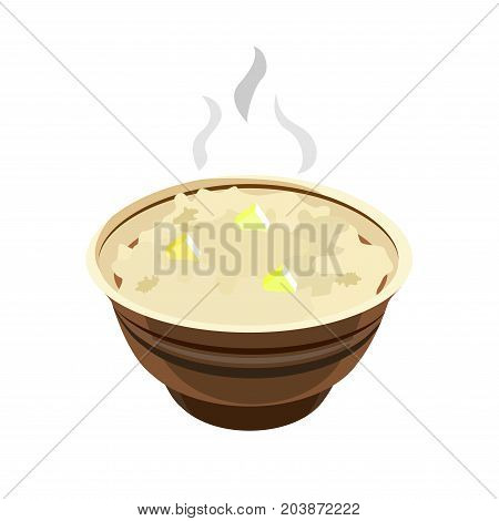 Cartoon oat porridge in ceramic plate isolated on white background.