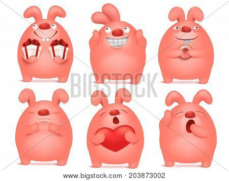 Set of pink bunny cartoon emoticon characters in different situations. Vector illustration